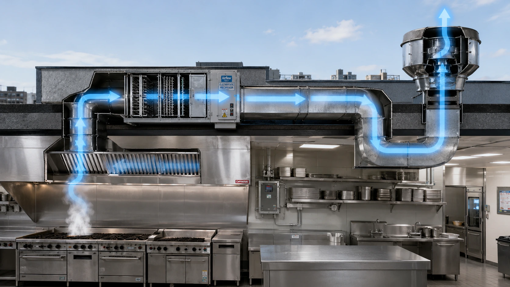 Commercial kitchen exhaust system journey from cooking line to external discharge