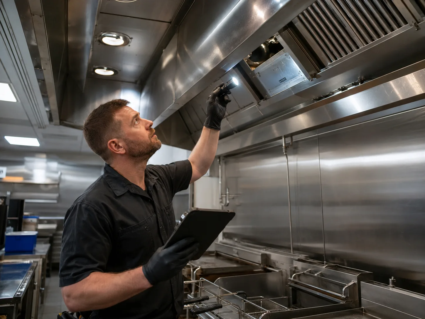 Technician inspecting commercial kitchen equipment
